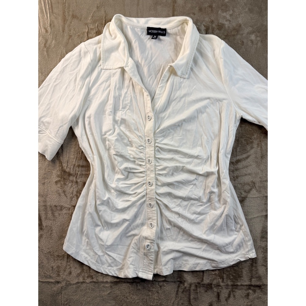 Y2K  Womens Cream Ruched Button Up Short Sleeve Top Size Medium Office Siren